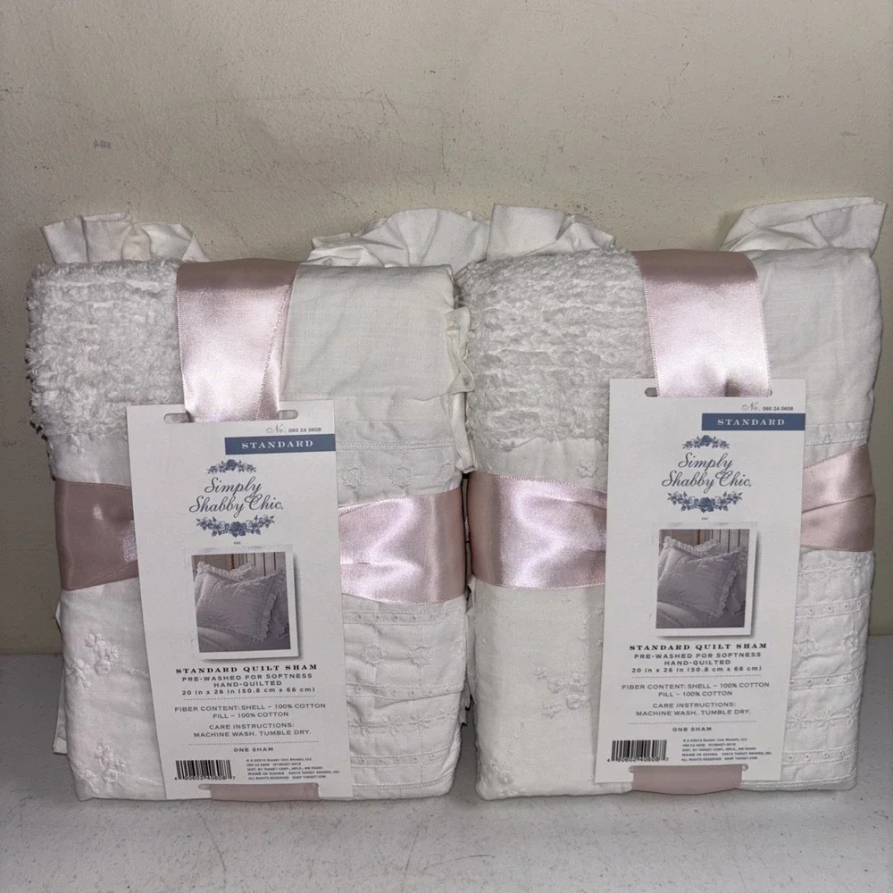 Simply Shabby Chic White Chenille Patchwork Ruffle Quilted Standard Shams Pair
